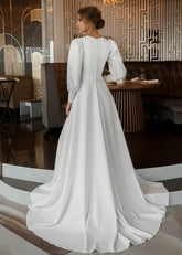 Gabrielle | Classic A Line Long Sleeve High Neck Wedding Dress Court Train with Vintage Gown - Price #price_variant_lowest# - White - PromDressClub